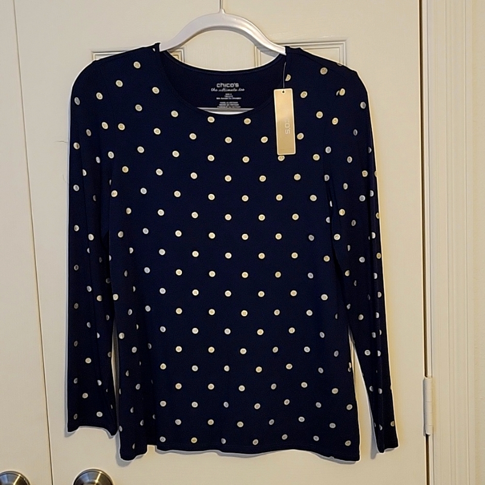 NWT'S CHICO'S Foiled Dot Basic Knit Top, Long Sleeve Deep Navy w/ Gold Dots Sz M